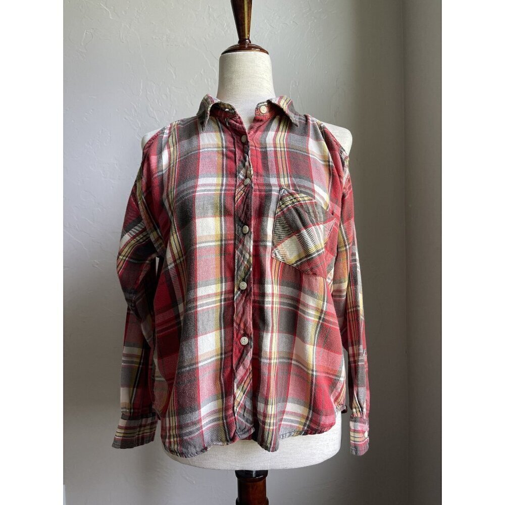 Denim & Supply Ralph Lauren Plaid Flannel Cold Shoulder Top Size XS Red Tan